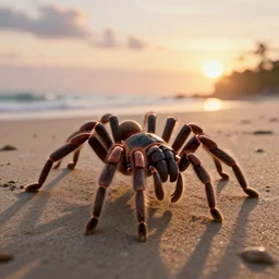 giant tarantula ant hybrid walking on the beach during sunset. unreal engine 4 k hd