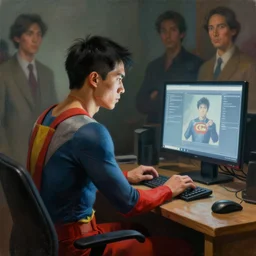 an insanely detailed painting of an asian man wearing a homemade superhero costume, sitting at a desk, staring seriously at the computer and typing, in the style of peter mohrbacher, james jean, ruan jia, moebius, dramatic lighting and composition, surreal background, octane render, pixar, trending on artstation, concept art, comic book, view from behind, 8 k