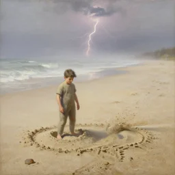 a full shot of a little man made of sand, standing on a beach, slowly eroding due to wind, fog, early morning lightning, subtle, intricate details, real masterpiece, oil on canvas, by franz kafka