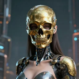 beautiful female cyborg wearing brass skull mask by artstation, deviantart, artfol, artslant artbox, cgsociety, gfxartist, artful, zatista, artpal, instagram, blendernation, frank stella, beeple, giger, kopera, zawadzki, synth - wave, hyperrealism, futurism 4 k, octane render