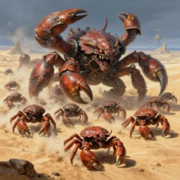 a humongous herd of giant monstrous crabs running abound on barren desert exoplanet by James Gurney, Beksinski and Alex Gray, every crab is a menacing sentient chaotic xenos from warhammer 40k hd illustration, diabolic wh40k crab xenos scourge running abound
