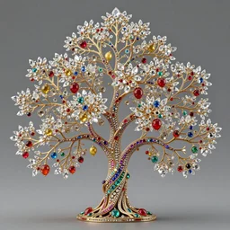 2 0 0 year old tree with crystals, gems and diamond for fruit, colorful, intricate branches, filigrane