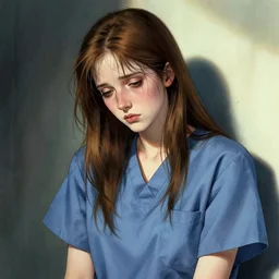 a beautiful portrait of a tired, sickly, thin young woman with thinning long brown hair, wearing scrubs by greg hildebrandt