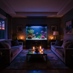 a very dark dreamy luxury living room, aquarium with beautiful tropical fish, candlelight, sunset glow, dark shadows, symmetrical wide shot low angle