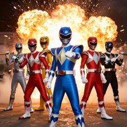 Power rangers posing with explosion in the back, Blue Ranger in the middle signifying he’s the leader