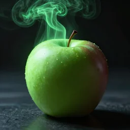 an apple with glowing green smoke coming out of it, dramatic lighting