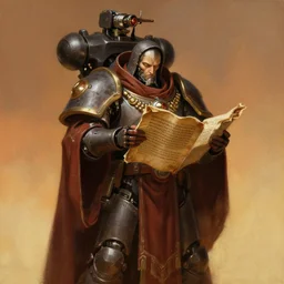 painting of a cloaked tech priest reading old scriptures about long lost forgotten knowledge, adeptus mechanicus, cybernetic enhancements, zdzislaw beksinski, lewis jones, dariusz zawadzki, wayne barlow, warhammer 4 0 k, warm tone gradient background, concept art, digital painting