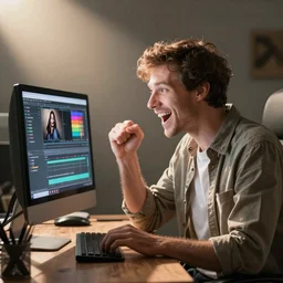 a man editing an amazing commercial at his computer. Very excited.