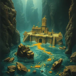 lost city of atlantis, water, gold, damaged