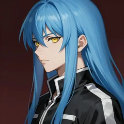 profile shot of rimuru tempest, sky blue straight hair, long bangs, gold eyes, smug, wearing a black jacket with white stripes, high collar, ultra detailed, brush strokes, digital painting, cinematic, wlop, closeup, pixiv, color block, eerie, scary, yoshitaka amano, andy warhol, junji ito