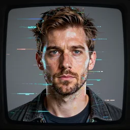 holographic portrait of a man, corrupted, glitch, glitch art, digital, vhs video effect, analogue, old tv effect, epic, realistic, photorealistic, detailed, high quality, high resolution, lossless, lossless quality, 8 k, 4 k, hdr, 8 k quality, 1 6 k
