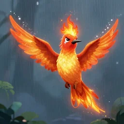 a flaming fire hummingbird phoenix crying in the rain digital art cartoonish render raytracing