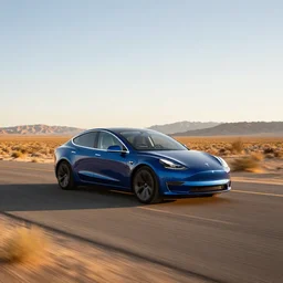 a blue tesla driving across a road in the mojave desert, golden hour