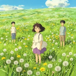 field of dandelions. cgsociety masterpiece, artstation trending, by rossdraws, ghibli, kimi no na wa, greg rutkowski, simon stalberg, greg manchess