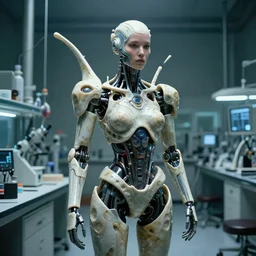 a laboratory inspection room making a cybernetic symbiosis, cybernetic mech biomechanical woman, organic ceramic fractal forms, dramatic lighting, film still from the movie directed by denis villeneuve with art direction by wayne barlowe and wide lens, f 3 2,