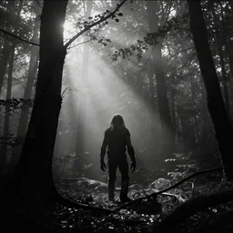 Horror film, cinematic tones, black and white film, 16mm. Scene with creature in a dark foggy forest
