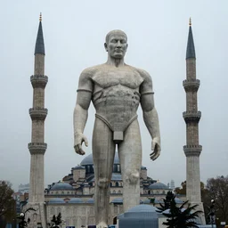 highly detailed giant human statues in istanbul landscape foggy, digital art, wide lens