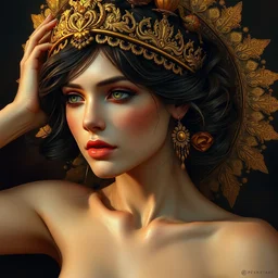 an intricate artistic pose painting of a beautiful young goddess with an artistic sensual pose with klimt golden motives and textures, hyper detailed, ornamental gold headpiece, octane render, vivid colors, artstation, by jeremy mann, by alphonse mucha, by boris vallejo