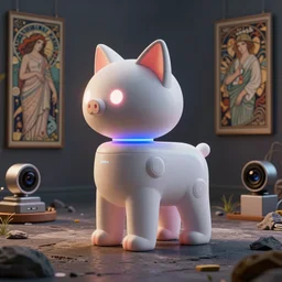 product photo of a futuristic stylized pet toy robot, minimalistic kindchenschema, by artgerm and greg rutkowski and marc newson and zaha hadid, alphonse mucha, zaha hadid, samsung apple webcam, sci - fi, matte, neon, kitten puppy pig otter fennec inspired. side view, volumetric light, detailed, octane render, midsommar