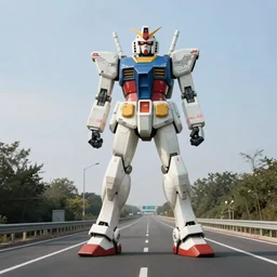 photo of freeway with a realistic gundam standing in the distance, canon ae - 1, simon stalenhag,