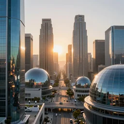 wide view of green cyberpunk los angeles, sunrise light, sun between buildings, glass domes, glass buildings, robots, hyperdetailed, artstation, cgsociety, 8 k
