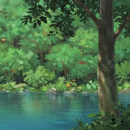 close up forest with lake,  painting by kyoto animation