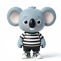 two headed cartoon character that is based on a koala but has blue and grey skin, dressed in a black and white striped shirt and checkered shoes.