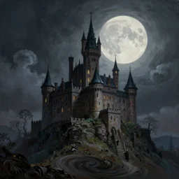 dracula's castle on top of a swirling hill, full moon, hyper realistic painting, gothic, intricate, by tony wolf