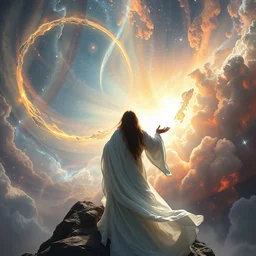 in flowing white robes she watched as the universe was born, nebulas, bright arcs of light, radiant light, stars, intricate, hyper detailed, beautiful concept art by greg rutkowski, artgerm, ruan jia, range murata, wlop, beeple, caravaggio