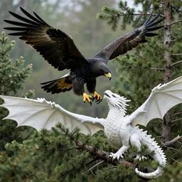 black eagle with red eyes fighting a white dragon over a spruce tree forest