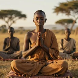 contented peaceful south african!! bodhisattva, praying meditating, in a scenic environment, detailed, golden hour, realism, by david goldblatt and george pemba and gerard sekoto