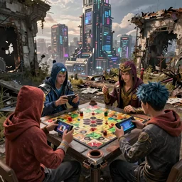 group of magical warriors playing videogames and board games in the abandoned ruins at the outskirts of a cyberpunk tower city
