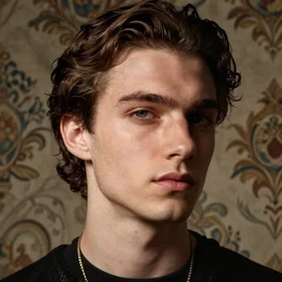 close - up portrait of renaissance dressed young man, background with wallpaper, art by giorgio armani