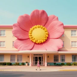 giant flower head, girl walking in 1 9 6 0 hotel, surreal, symmetry, flat space, fanciful, hue, detailed, wes anderson