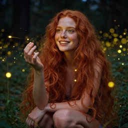 infp young woman, smiling, amazed by golden fireflies lights, sitting in the midst of nature fully covered, long loose red hair, intricate linework, green eyes, small nose with freckles, oval shape face, realistic, expressive emotions, dramatic lights mystical scene, hyper realistic ultrafine art by michael cheval, jessica rossier, artgerm