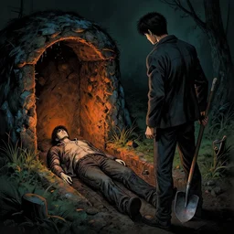 a man with a shovel standing next to an open grave with a body in it, subtle blue, orange, and dark green tones, high quality, high detail, dark colors, sinister atmosphere, dramatic lighting, cinematic, establishing shot, extremely high detail, photo realistic, cinematic lighting, pen and ink, intricate line drawings, by Yoshitaka Amano, Ruan Jia, Kentaro Miura, Artgerm, post processed, concept art, artstation, matte painting, style by eddie mendoza, raphael lacoste, alex ross