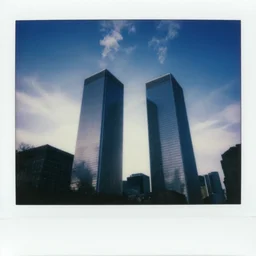Twin towers with blue smoke, polaroid