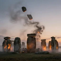 glowing stonehenge pieces scattered flying high in the air, wrapped in swirling fog, dust particles, chaotic, dynamic, dusk, concept art
