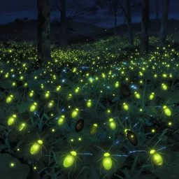 a dark field at night filled with hundreds of firefly lightning bugs glowing in neon colors. By Makoto shinkai. By Rembrandt Masterpiece