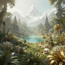 a paradise garden, a land of the dead, divine, hazy, volumetric lighting, snowy summits in the background, turquoise lake, lush flora, very detailed, serene, gold accents, washed out colors, beautiful digital artwork, photorealistic, master level composition, raytracing