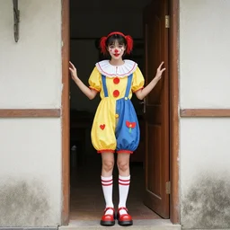 clown girl standing in the doorway