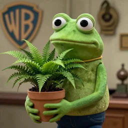 pepe frog, film still leon : the professional, holds a fern in a pot in her arms scene, high quality, hd, 4 k, warner, hbo, cinema frame