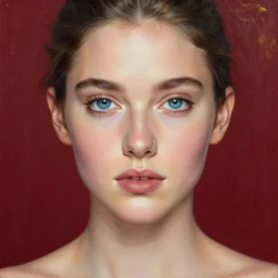 stunning goddess of life portrait, clear blue eyes. realistic, symmetrical face. deep red and gold background. art by bowater charlie, mark brooks, julie bell, arian mark, tony sandoval