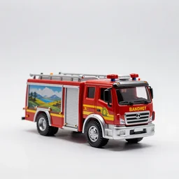 hand-painted toy fire truck, studio product photography, isolated on a pure white background, centered, entire object in frame, sharp focus, soft studio lighting
