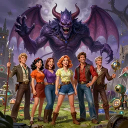 high fantasy 1 9 8 0's wargame airbrushed artwork - inspired octane render, a happy sitcom family with an evil demonic occult monster