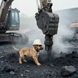 puppy working in a dusty coal mine, wearing hard hat, fog, smoke rising, drilling rig, photo from 1 9 9 8,