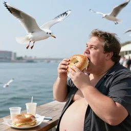 a fat man eating a bagel while seagulls yell at him, award winning photograph, 8k,