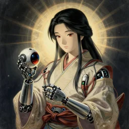 Hiroshige portrait of a robot saint made of cables and robotic pod by Marc Silvestri