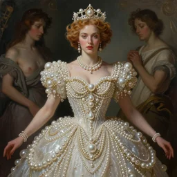 a realistic liquid queen with a decorated dress made of white pearls , highly detailed, digital painting, Trending on artstation , HD quality, by artgerm and greg rutkowski and alphonse mucha, dramatic light, octane