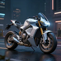 off angle beautiful Product shot of a halo Mass effect futuristic modern motorcycle on a wet street at night in cyperpunk city, hard surface modeling, blade runner, octane, Ian Callum, Giorgetto Giugiaro, Leonardo Fioravanti , low polygon, chrome, trending on artstation, unreal, redshift, 3d model, 8k
